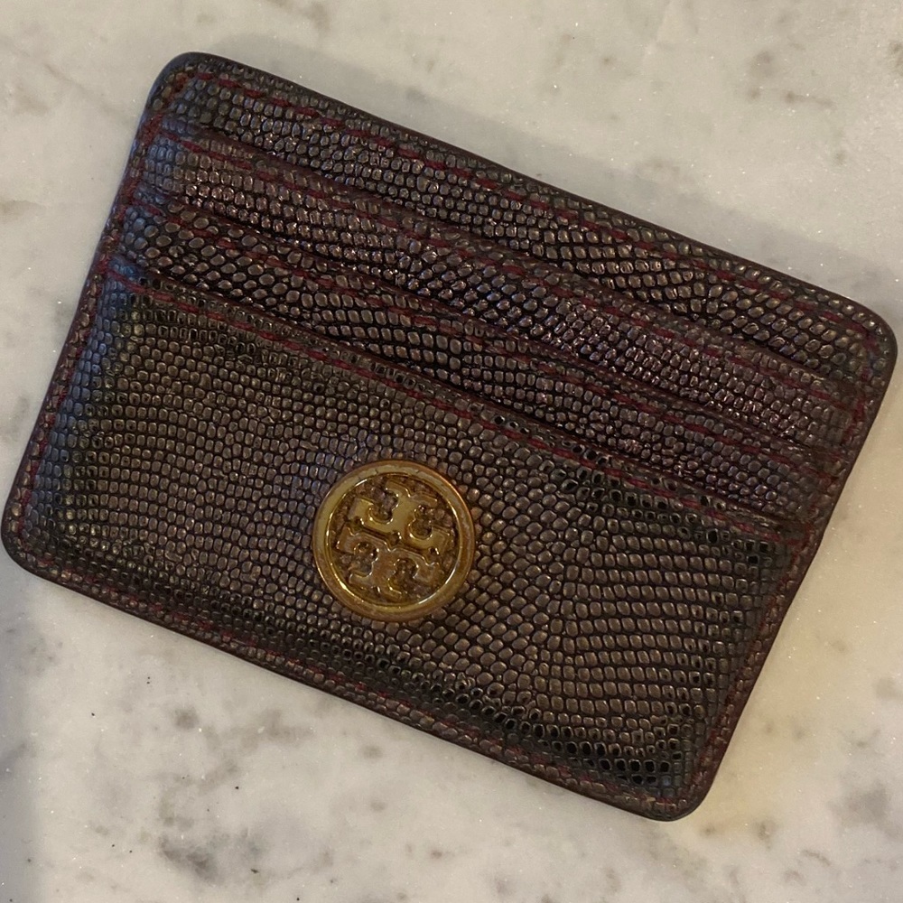 Tory Burch Maroon Textured Card Case with Gold Logo
